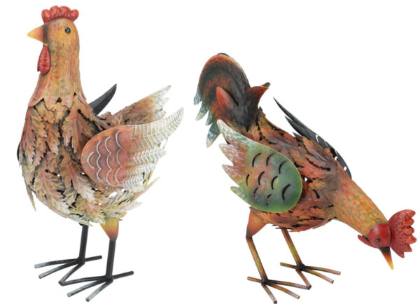 Høne hane metall brun 13x23x34cm 2ass